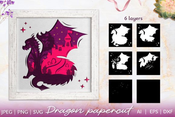 3D Papercut Dragon Scene with Castle for 3D SVG and Shadow Boxes