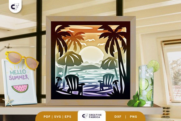 Beach Landscape 3D Shadow Box Paper Cut for Seasons