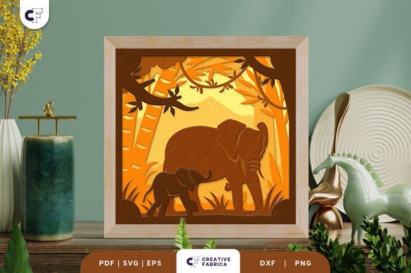 Elephant Mom and Baby 3D Shadow Box for Animals